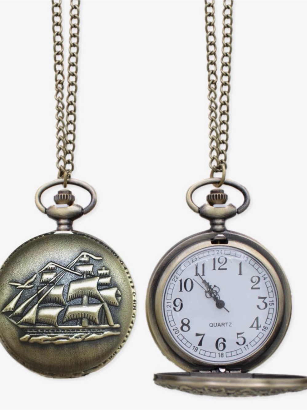 Old World Style Ship Pocket Watch Necklace - Brass Tone